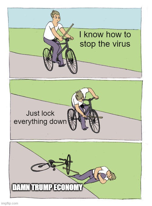 Bike Fall | I know how to stop the virus; Just lock everything down; DAMN TRUMP ECONOMY | image tagged in memes,bike fall | made w/ Imgflip meme maker