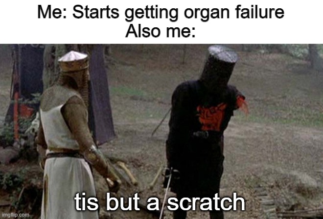 Tis but a scratch | Me: Starts getting organ failure
Also me:; tis but a scratch | image tagged in tis but a scratch | made w/ Imgflip meme maker