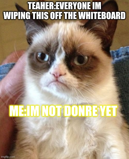 Grumpy Cat Meme | TEAHER:EVERYONE IM WIPING THIS OFF THE WHITEBOARD; ME:IM NOT DONRE YET | image tagged in memes,grumpy cat | made w/ Imgflip meme maker