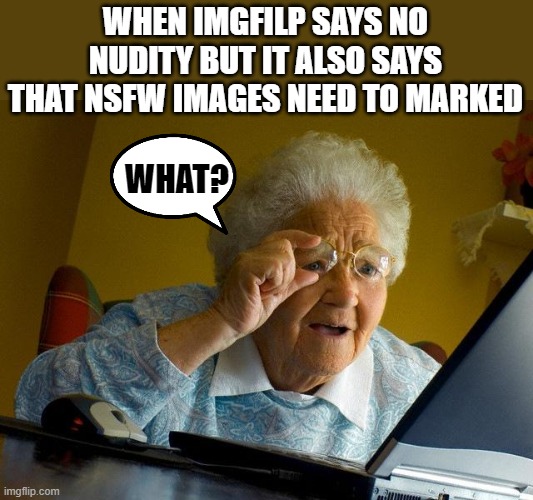 Idk if this is NSFW... | WHEN IMGFILP SAYS NO NUDITY BUT IT ALSO SAYS THAT NSFW IMAGES NEED TO MARKED; WHAT? | image tagged in memes,grandma finds the internet | made w/ Imgflip meme maker