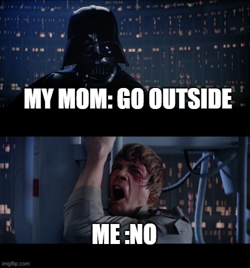 Star Wars No Meme | MY MOM: GO OUTSIDE; ME :NO | image tagged in memes,star wars no | made w/ Imgflip meme maker