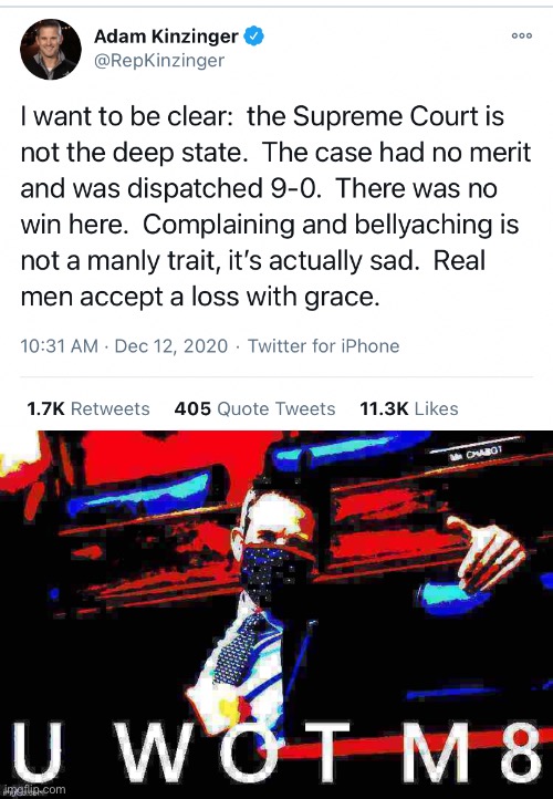 Dude is a savage | image tagged in rep adam kinzinger,rep adam kinzinger u wot m8 deep-fried 2,election 2020,2020 elections,supreme court,scotus | made w/ Imgflip meme maker