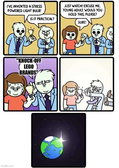 the STRESS LEVELS HAS REACHED OVER CAPACITY | "KNOCK-OFF LEGO BRANDS" | image tagged in stress powered lightbulb,lego,knock off,anti-megablox | made w/ Imgflip meme maker