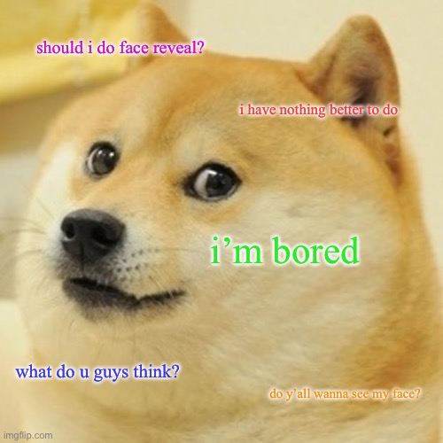 ??? | should i do face reveal? i have nothing better to do; i’m bored; what do u guys think? do y’all wanna see my face? | image tagged in memes,doge,face reveal | made w/ Imgflip meme maker