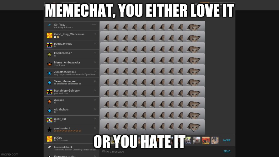 *memecat | MEMECHAT, YOU EITHER LOVE IT; OR YOU HATE IT | image tagged in memes,gifs | made w/ Imgflip meme maker