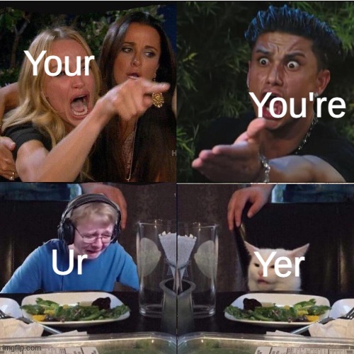 People usually get confused with your, and you're. | You're; Your; Ur; Yer | image tagged in girl pointing at cat crossover meme,your,you're,ur,yer,confusing | made w/ Imgflip meme maker