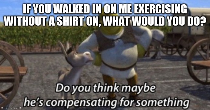 Making the trend more SFW | IF YOU WALKED IN ON ME EXERCISING WITHOUT A SHIRT ON, WHAT WOULD YOU DO? | image tagged in do you think maybe he's compensating for something | made w/ Imgflip meme maker