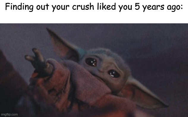 F | Finding out your crush liked you 5 years ago: | image tagged in baby yoda cry,crush,likes,yoda,baby yoda,memes | made w/ Imgflip meme maker
