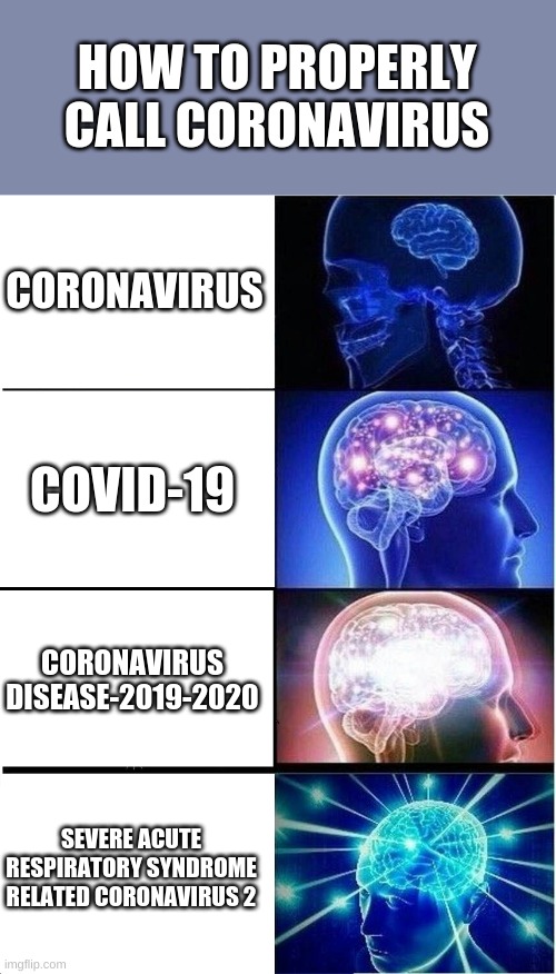 How to call the Coronavirus | HOW TO PROPERLY CALL CORONAVIRUS; CORONAVIRUS; COVID-19; CORONAVIRUS DISEASE-2019-2020; SEVERE ACUTE RESPIRATORY SYNDROME RELATED CORONAVIRUS 2 | image tagged in memes,expanding brain | made w/ Imgflip meme maker
