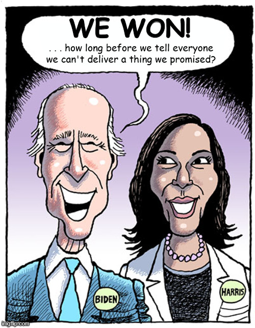 Biden Harris - Winning does not mean Delivering | . . . how long before we tell everyone we can't deliver a thing we promised? WE WON! | image tagged in joe biden,kamala harris,2020,win,trump,no hope | made w/ Imgflip meme maker