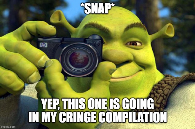 shrek camera | *SNAP* YEP, THIS ONE IS GOING IN MY CRINGE COMPILATION | image tagged in shrek camera | made w/ Imgflip meme maker