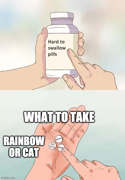 Hard To Swallow Pills | WHAT TO TAKE; RAINBOW OR CAT | image tagged in memes,hard to swallow pills | made w/ Imgflip meme maker