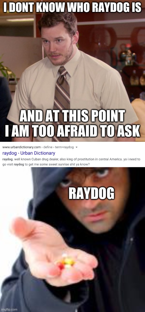 well at least we now know what raydog looks like | I DONT KNOW WHO RAYDOG IS; AND AT THIS POINT I AM TOO AFRAID TO ASK; RAYDOG | image tagged in memes,afraid to ask andy | made w/ Imgflip meme maker