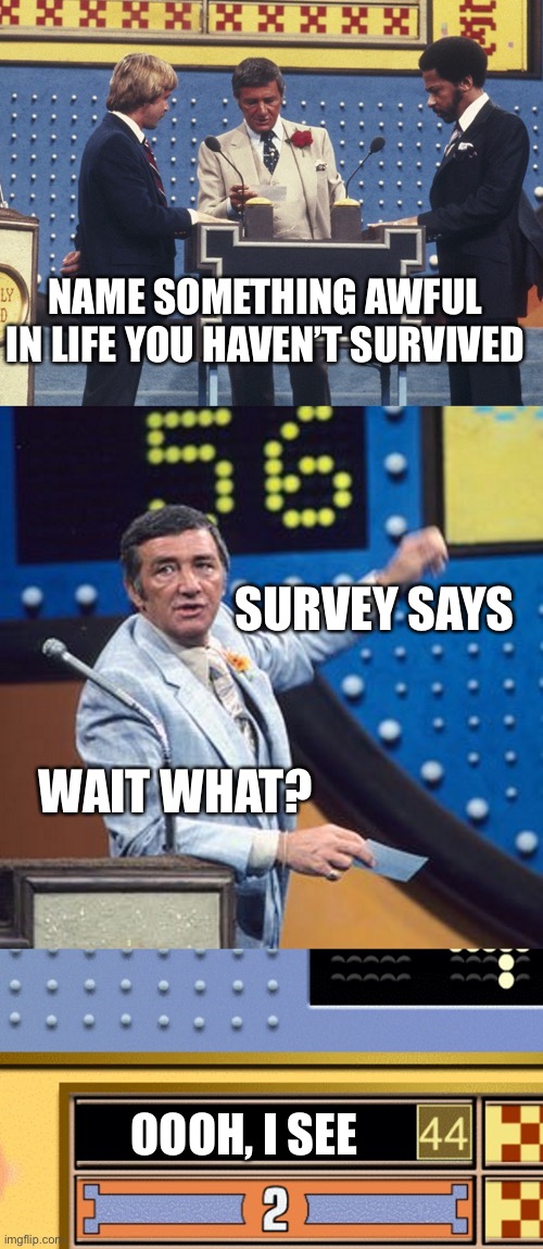 Ohoooh | NAME SOMETHING AWFUL IN LIFE YOU HAVEN’T SURVIVED; SURVEY SAYS; WAIT WHAT? OOOH, I SEE | image tagged in family feud survey says | made w/ Imgflip meme maker