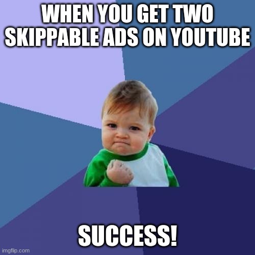 is it possible tho? | WHEN YOU GET TWO SKIPPABLE ADS ON YOUTUBE; SUCCESS! | image tagged in memes,success kid | made w/ Imgflip meme maker