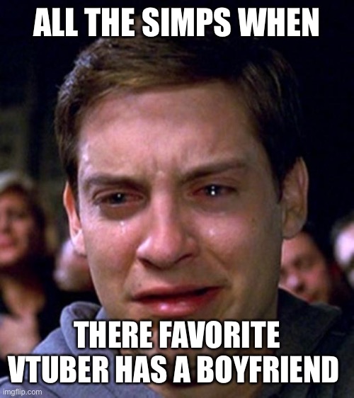 Vtuber has boyfriend | ALL THE SIMPS WHEN; THERE FAVORITE VTUBER HAS A BOYFRIEND | image tagged in crying peter parker | made w/ Imgflip meme maker