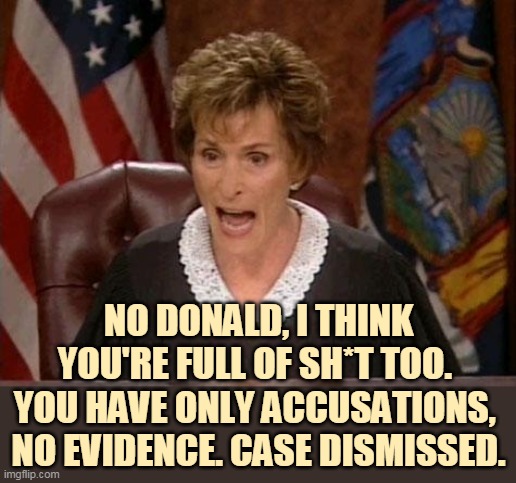 The election was not stolen. Trump lost. | NO DONALD, I THINK YOU'RE FULL OF SH*T TOO. 
YOU HAVE ONLY ACCUSATIONS, 
NO EVIDENCE. CASE DISMISSED. | image tagged in judge judy,angry,trump,liar,election,fair | made w/ Imgflip meme maker