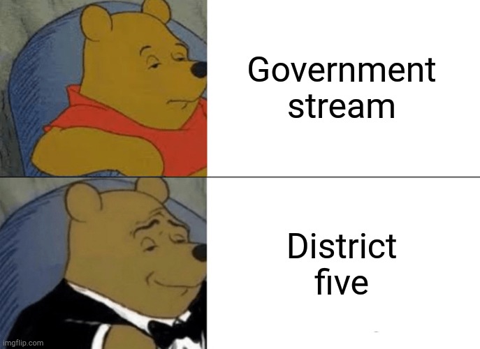 Tuxedo Winnie The Pooh | Government stream; District five | image tagged in memes,tuxedo winnie the pooh | made w/ Imgflip meme maker