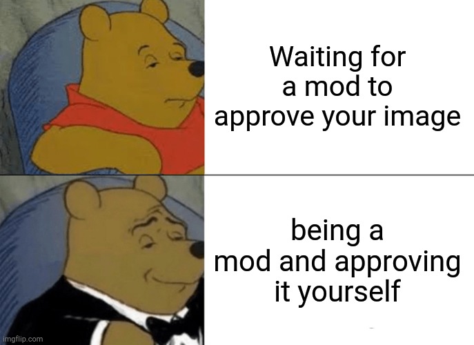 Tuxedo Winnie The Pooh | Waiting for a mod to approve your image; being a mod and approving it yourself | image tagged in memes,tuxedo winnie the pooh | made w/ Imgflip meme maker