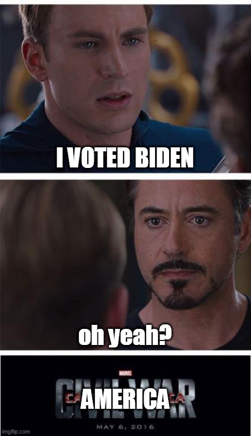 ok | I VOTED BIDEN; oh yeah? AMERICA | image tagged in memes,marvel civil war 1 | made w/ Imgflip meme maker