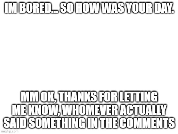 i really am bored | IM BORED... SO HOW WAS YOUR DAY. MM OK, THANKS FOR LETTING ME KNOW, WHOMEVER ACTUALLY SAID SOMETHING IN THE COMMENTS | image tagged in blank white template | made w/ Imgflip meme maker