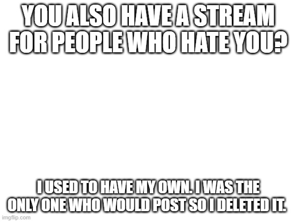 Blank White Template | YOU ALSO HAVE A STREAM FOR PEOPLE WHO HATE YOU? I USED TO HAVE MY OWN. I WAS THE ONLY ONE WHO WOULD POST SO I DELETED IT. | image tagged in blank white template | made w/ Imgflip meme maker