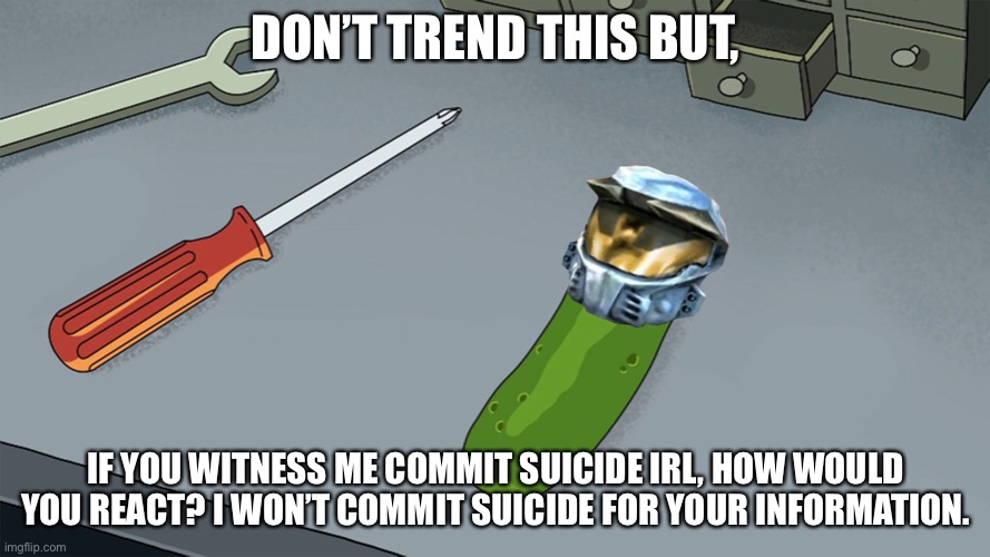 Pickle Church | DON’T TREND THIS BUT, IF YOU WITNESS ME COMMIT SUICIDE IRL, HOW WOULD YOU REACT? I WON’T COMMIT SUICIDE FOR YOUR INFORMATION. | image tagged in pickle church | made w/ Imgflip meme maker