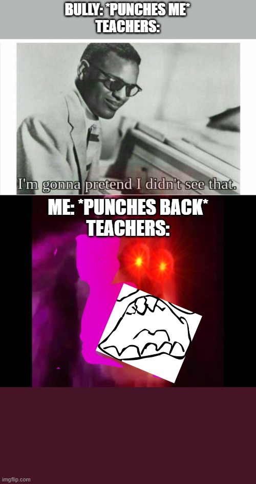 BULLY: *PUNCHES ME*
TEACHERS:; ME: *PUNCHES BACK*
TEACHERS: | image tagged in im gonna pretend i didnt see that,sully groan,angery | made w/ Imgflip meme maker