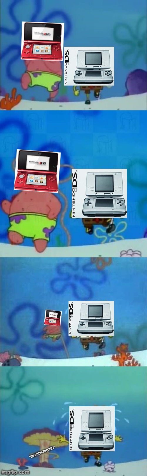Fate of the 3DS |  *DISCONTINUED* | image tagged in spongebob and patrick running,nintendo,gaming,3ds,rip,spongebob | made w/ Imgflip meme maker