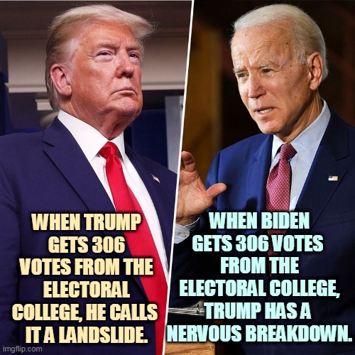 They both got the same number of Electoral College votes. Biden got 7 million more popular votes. Snowflake Trump crumbled. | WHEN BIDEN GETS 306 VOTES 
FROM THE ELECTORAL COLLEGE, TRUMP HAS A 
NERVOUS BREAKDOWN. WHEN TRUMP GETS 306 VOTES FROM THE ELECTORAL COLLEGE, HE CALLS 
IT A LANDSLIDE. | image tagged in trump biden,biden,winner,trump,loser | made w/ Imgflip meme maker