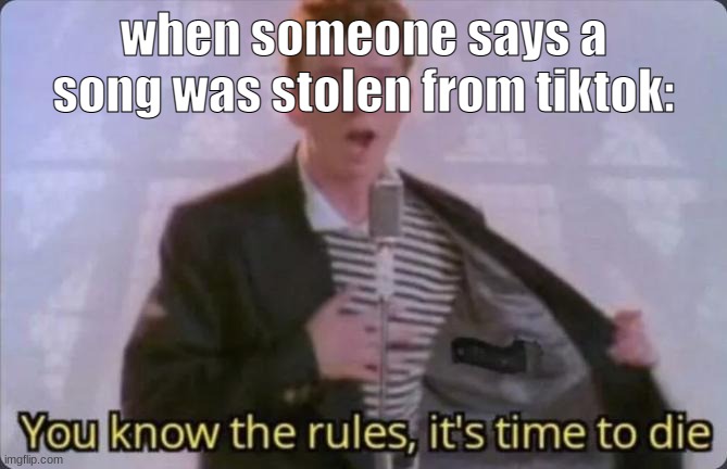 NO | when someone says a song was stolen from tiktok: | image tagged in you know the rules it's time to die,funny,memes,meme,haha,tiktok | made w/ Imgflip meme maker