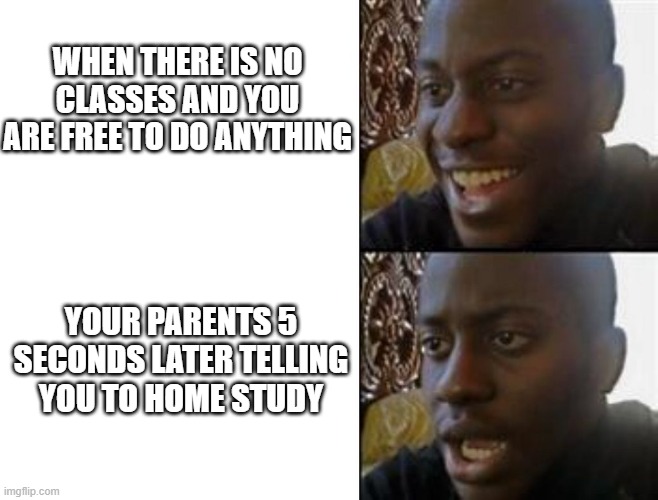 Happy to Sad | WHEN THERE IS NO CLASSES AND YOU ARE FREE TO DO ANYTHING; YOUR PARENTS 5 SECONDS LATER TELLING YOU TO HOME STUDY | image tagged in happy to sad | made w/ Imgflip meme maker