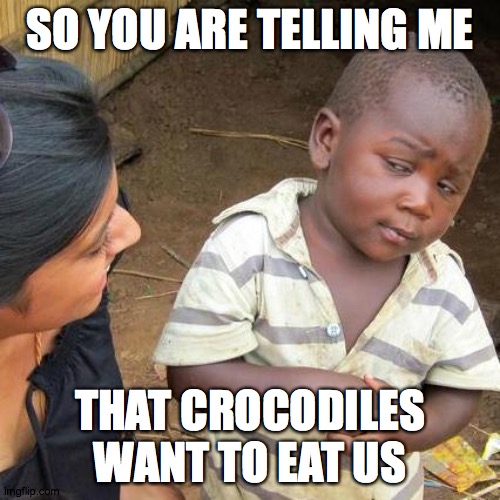 Do they? | SO YOU ARE TELLING ME; THAT CROCODILES WANT TO EAT US | image tagged in memes,third world skeptical kid,crocodiles | made w/ Imgflip meme maker