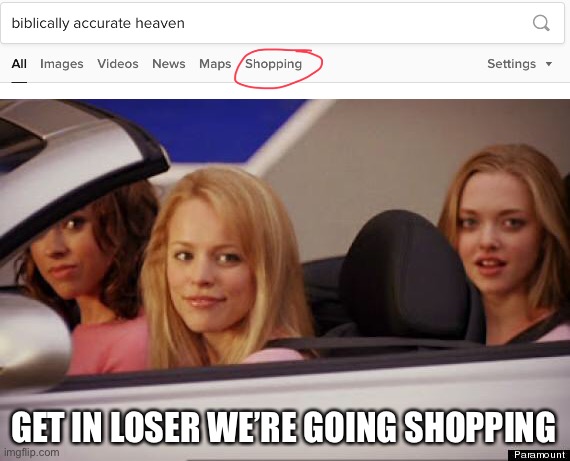 Get In Loser | GET IN LOSER WE’RE GOING SHOPPING | image tagged in get in loser,heaven | made w/ Imgflip meme maker