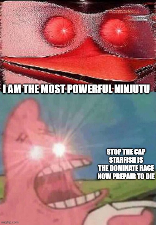 ha | I AM THE MOST POWERFUL NINJUTU; STOP THE CAP STARFISH IS THE DOMINATE RACE NOW PREPAIR TO DIE | image tagged in funny memes | made w/ Imgflip meme maker