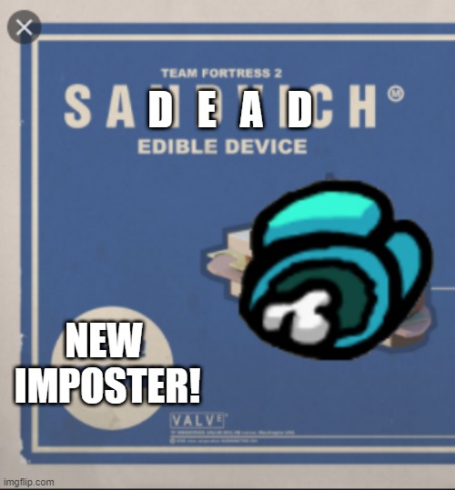THE DEAD | D   E   A   D; NEW 
IMPOSTER! | image tagged in among us,sandwich | made w/ Imgflip meme maker