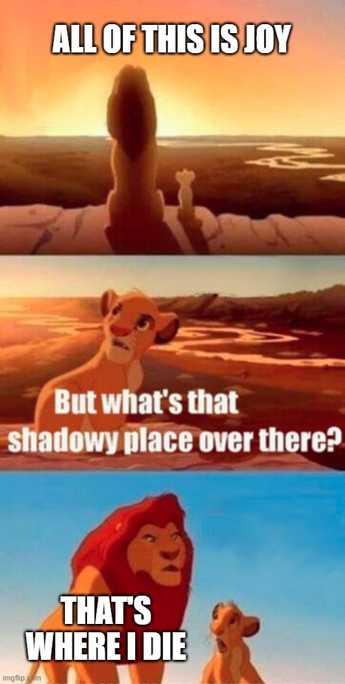 Simba Shadowy Place | ALL OF THIS IS JOY; THAT'S WHERE I DIE | image tagged in memes,simba shadowy place | made w/ Imgflip meme maker