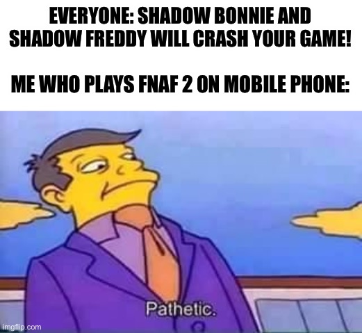 Fnaf 2 mobile players cant get their game chrashed by the Shadow animatronics | EVERYONE: SHADOW BONNIE AND SHADOW FREDDY WILL CRASH YOUR GAME! ME WHO PLAYS FNAF 2 ON MOBILE PHONE: | image tagged in skinner pathetic,fnaf,gaming,funny,gamers | made w/ Imgflip meme maker