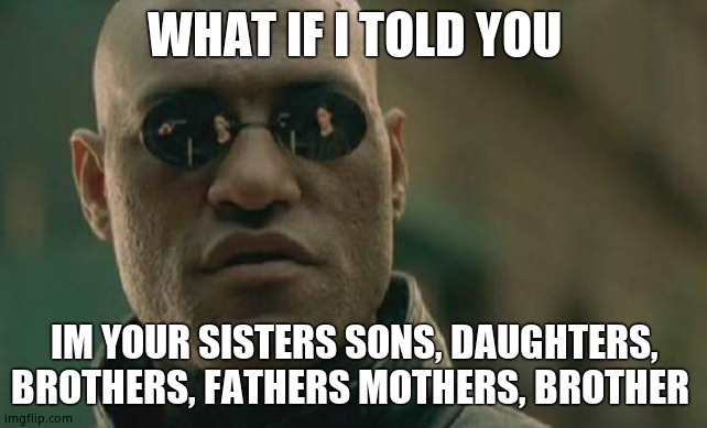 HOLD UP WAIT MINUTE | WHAT IF I TOLD YOU; IM YOUR SISTERS SONS, DAUGHTERS, BROTHERS, FATHERS MOTHERS, BROTHER | image tagged in memes,matrix morpheus | made w/ Imgflip meme maker