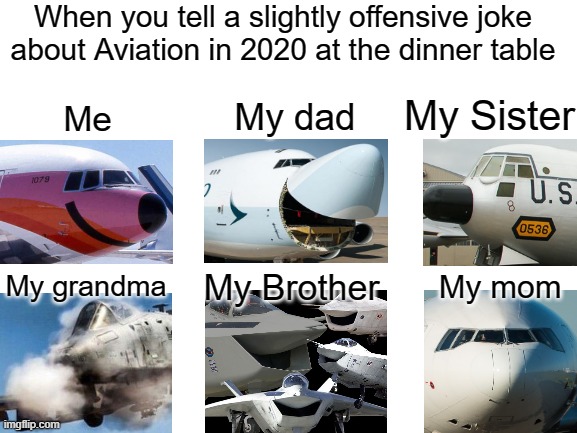 Aviation jokes during dinner | When you tell a slightly offensive joke about Aviation in 2020 at the dinner table; My Sister; My dad; Me; My grandma; My mom; My Brother | image tagged in blank white template,aviation,dinner,memes,lol,mom | made w/ Imgflip meme maker