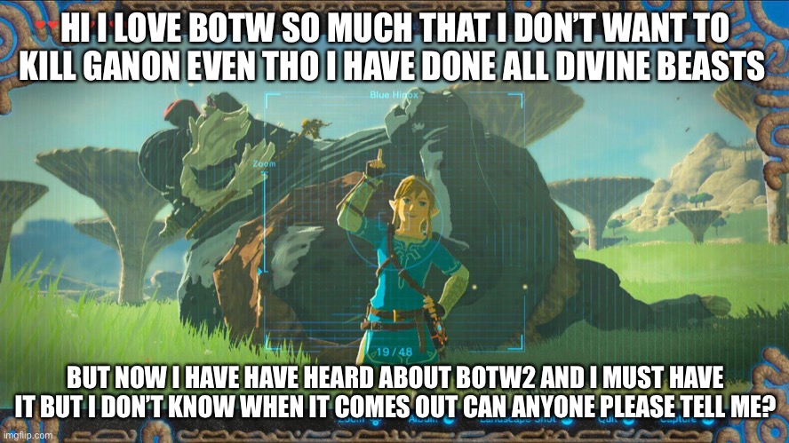 PLEASE TELLL MEEEEEE | HI I LOVE BOTW SO MUCH THAT I DON’T WANT TO KILL GANON EVEN THO I HAVE DONE ALL DIVINE BEASTS; BUT NOW I HAVE HAVE HEARD ABOUT BOTW2 AND I MUST HAVE IT BUT I DON’T KNOW WHEN IT COMES OUT CAN ANYONE PLEASE TELL ME? | image tagged in link botw,botw 2 | made w/ Imgflip meme maker