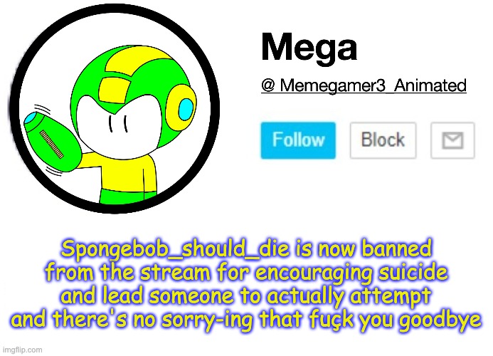 Dismissed, dipshit. | Spongebob_should_die is now banned from the stream for encouraging suicide and lead someone to actually attempt and there's no sorry-ing that fuçk you goodbye | image tagged in mega msmg announcement template | made w/ Imgflip meme maker