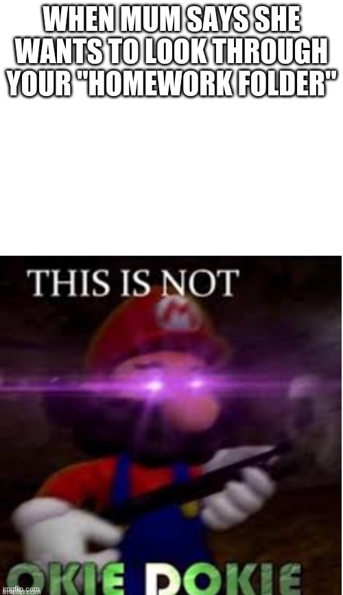 meme | WHEN MUM SAYS SHE WANTS TO LOOK THROUGH YOUR "HOMEWORK FOLDER" | image tagged in mario not okie dokie | made w/ Imgflip meme maker