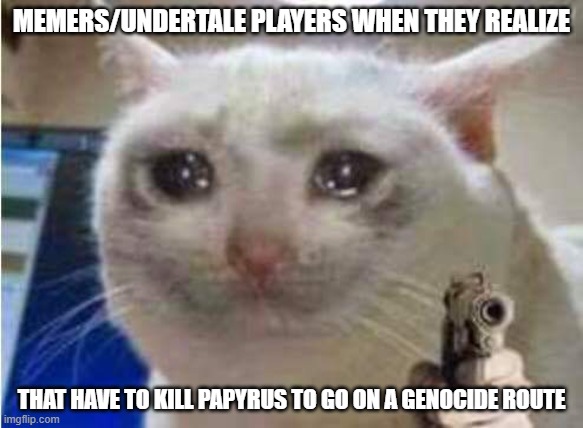 True, ain't it? | MEMERS/UNDERTALE PLAYERS WHEN THEY REALIZE; THAT HAVE TO KILL PAPYRUS TO GO ON A GENOCIDE ROUTE | image tagged in cat gun,undertale,genocide,run | made w/ Imgflip meme maker