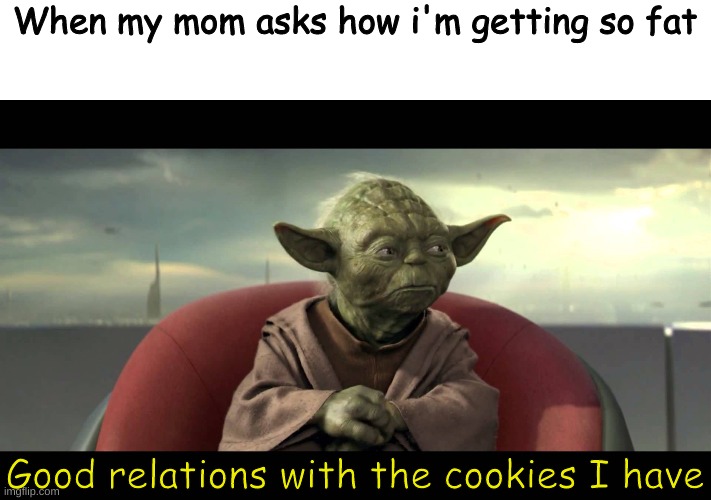good relations i have | When my mom asks how i'm getting so fat; Good relations with the cookies I have | image tagged in good relations i have,cookies,memes,funny,yoda,fat | made w/ Imgflip meme maker