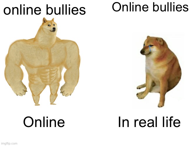 This is true | Online bullies; online bullies; Online; In real life | image tagged in memes,buff doge vs cheems,change my mind,bullies,troll,trolls | made w/ Imgflip meme maker