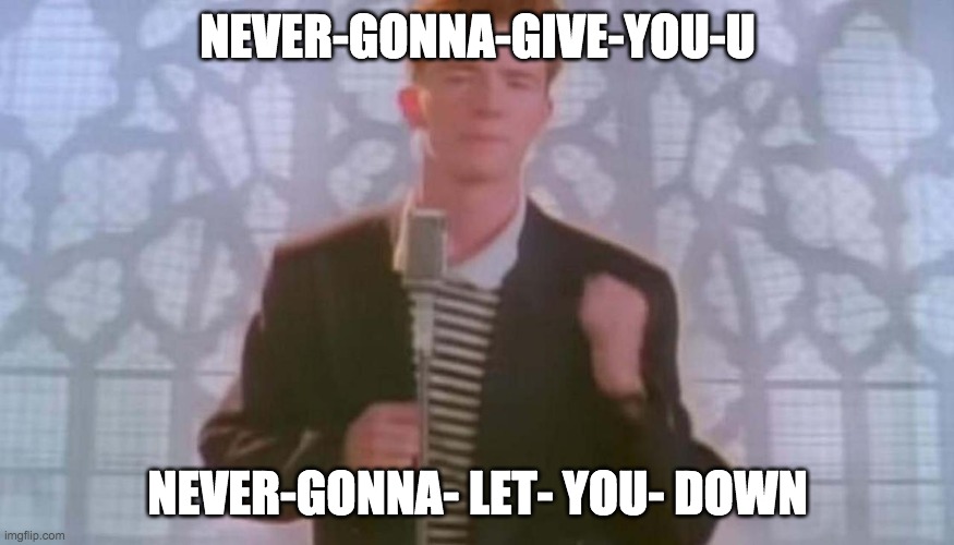 Never gonna give you up | NEVER-GONNA-GIVE-YOU-U; NEVER-GONNA- LET- YOU- DOWN | image tagged in never gonna give you up | made w/ Imgflip meme maker