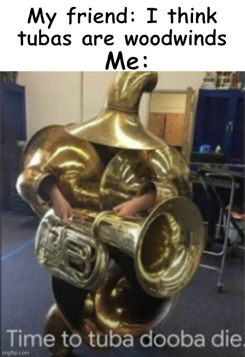 Time To Tuba Dooba Die | My friend: I think tubas are woodwinds; Me: | image tagged in time to tuba dooba die | made w/ Imgflip meme maker