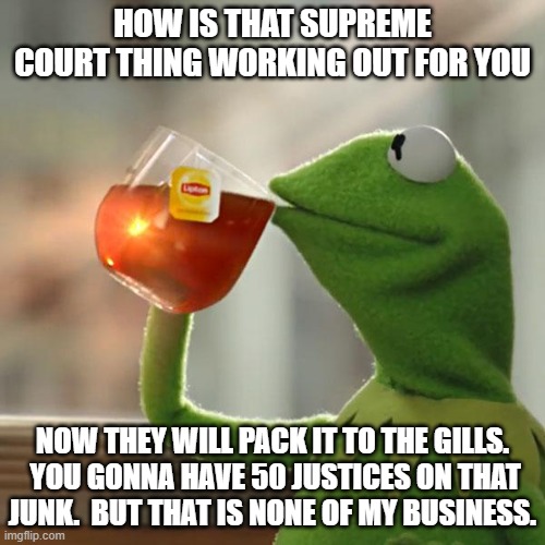 But That's None Of My Business | HOW IS THAT SUPREME COURT THING WORKING OUT FOR YOU; NOW THEY WILL PACK IT TO THE GILLS.  YOU GONNA HAVE 50 JUSTICES ON THAT JUNK.  BUT THAT IS NONE OF MY BUSINESS. | image tagged in memes,but that's none of my business,kermit the frog | made w/ Imgflip meme maker