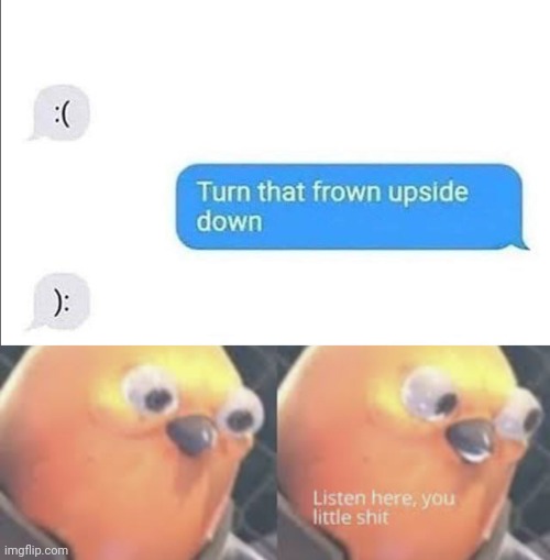 image tagged in listen here you little shit bird,frown,upside-down,upside down | made w/ Imgflip meme maker